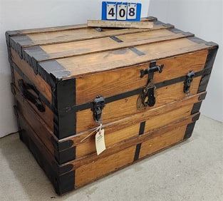 Vict. Flat Top Trunk 21" H X 30" W X 18 " D + Contents Pillows, Framed Sports Photos, Games