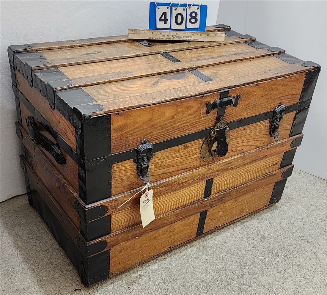 Vict. Flat Top Trunk 21" H X 30" W X 18 " D + Contents Pillows, Framed Sports Photos, Games (1 of 6)