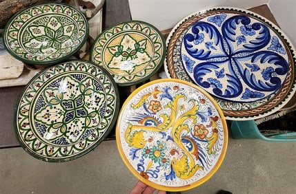 Tray Turkish + Italian Ceramic Plates - 17" Diam., 13" Diam., 12" Diam., 9" Diam., Bowls - 3" H X