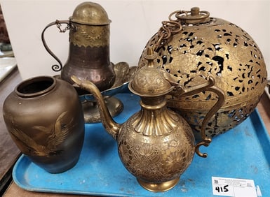 Tray Brass Items -  Chinese Hanging Lantern 10" H X 11" Diam., Tea Pot, Vase w/Cranes 7 1/2",