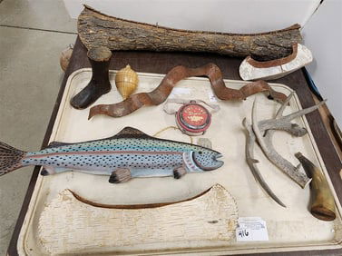 Tray Folk Art - Bark Canoes 29" L, 15" L, 9" L, Powder Horn, Antlers, Wooden Trout 19" Copper Wall