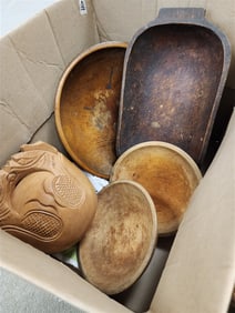 Bx. Wooden Items - Bowls, Trencher, Stool Turned Wooden Bowls Etc.