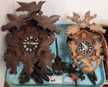 Tray 2 German Cuckoo Clocks 16" H X 12" W + 14" H X 9" W