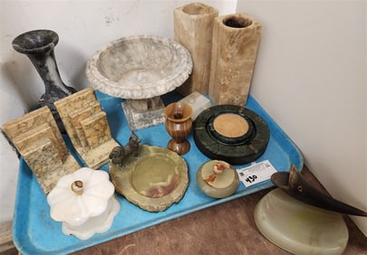 Tray Marble + Alabaster Items - Compote, Vases, Book Ends, Ashtrays Etc.