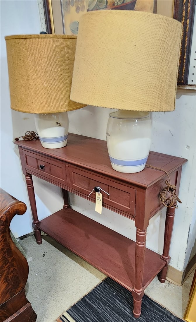 2 Drawer Sofa Table 29 1/2" H X 35 1/2" W X 13 1/2" D w/2 Lamps 21 1/2" (1 of 3)