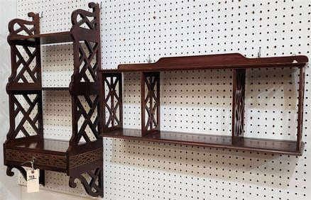 Lot 2 Mahog Wall Shelves 35" H X 16" W X 9" D, 12" H X 30" W X 5 3/4" D