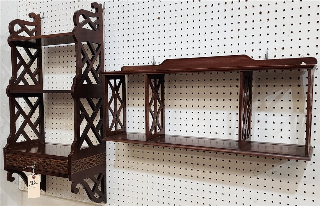 Lot 2 Mahog Wall Shelves 35" H X 16" W X 9" D, 12" H X 30" W X 5 3/4" D (1 of 2)