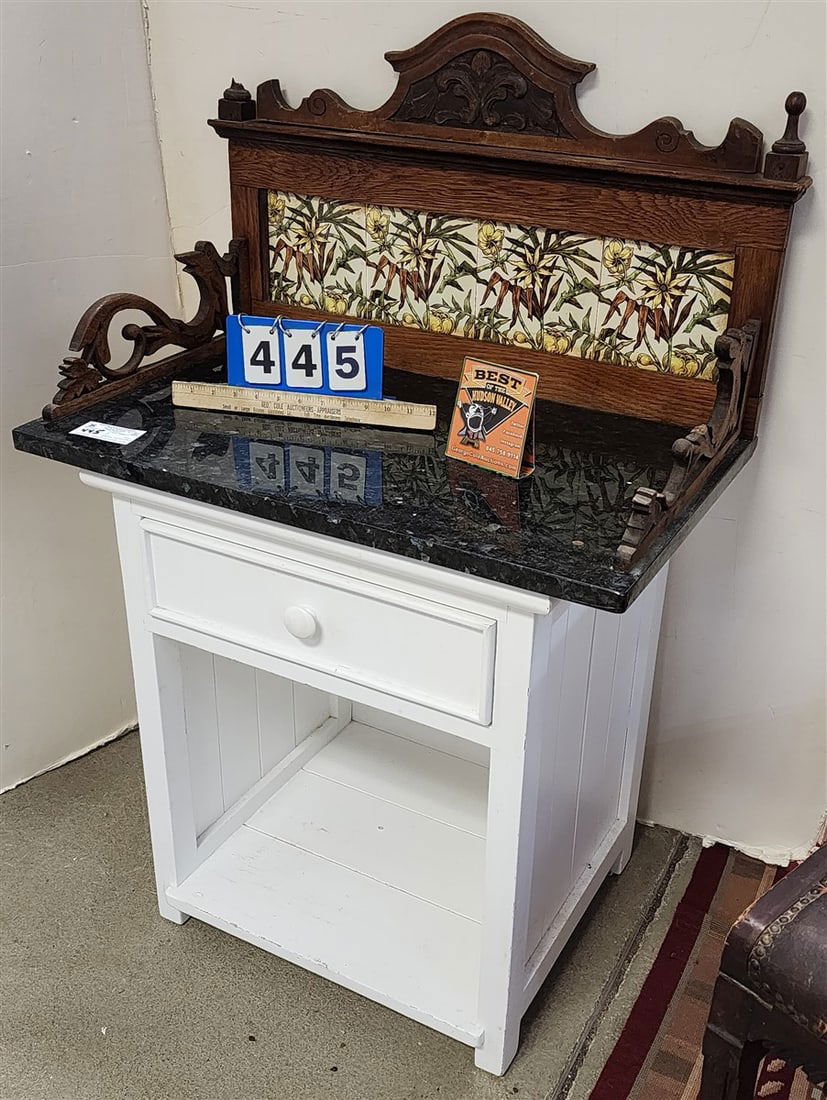 Vict. Marble Washstand Top w/ Carved oak + Tile Back Splash 17" H X 27 1/2" W X 16 3/4" D (1 of 2)