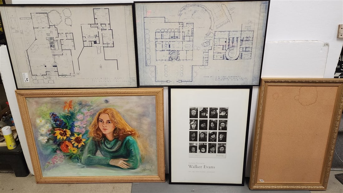 Lot 5 Framed Items O/C Portrait Sgnd Penell 31" X 41", Frame 25" X 37 1/2", Poster - Subway: Lot 5 Framed Items O/C Portrait Sgnd Penell 31" X 41", Frame 25" X 37 1/2", Poster - Subway Portraits Walker Evans, 2 Blue Prints - Homes Of Mike + Carol Brady LA + Jed Clampett Beverly Hills 25 1/2"