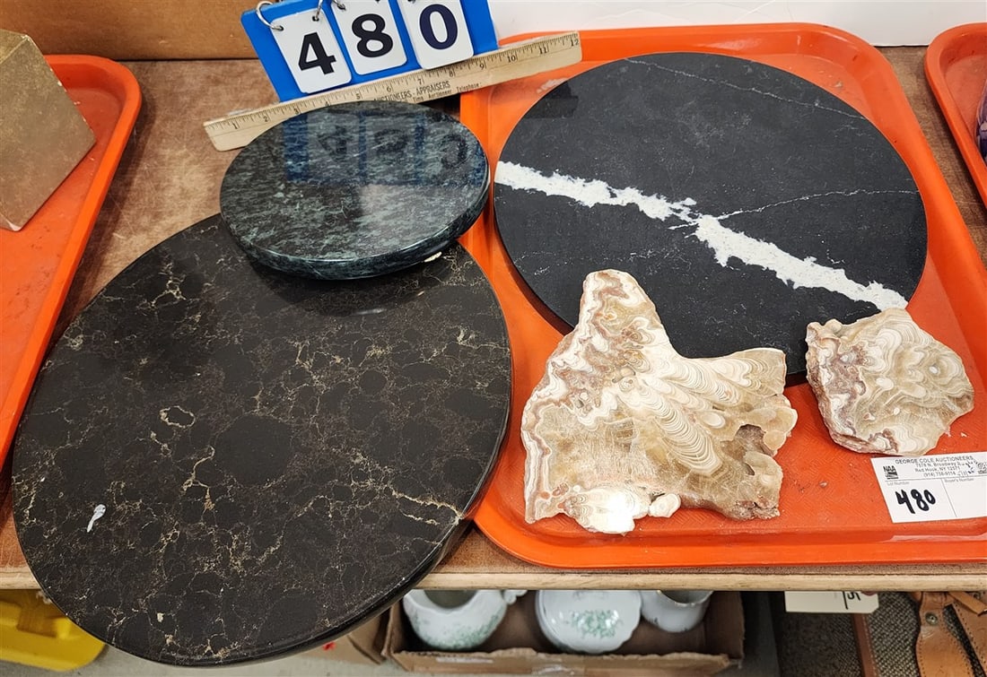 Tray Marble 2 - 3/4" H X 12" Diam, 1" H X 7 1/2" Diam. + 2 Free Form: Tray Marble 2 - 3/4" H X 12" Diam, 1" H X 7 1/2" Diam. + 2 Free Form