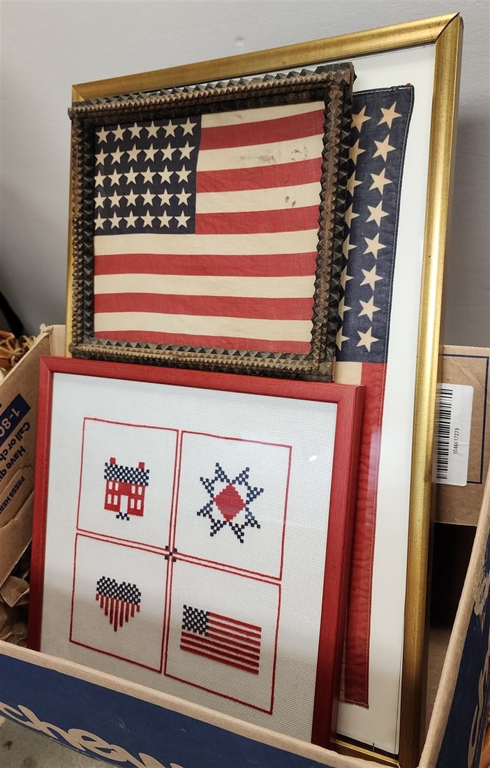 Bx 3 Framed Flags 9 1/2" X 11" 30 Star in Tramp Art Frame, 48 Star 14" X 23 1/2" + Cross Stich (1 of 3)