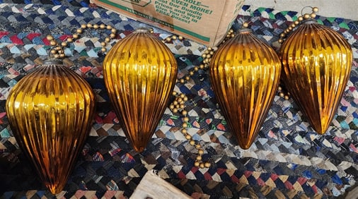 Bx 4 Hand Blown Glass Ornaments 11" H X 6" Diam., w/Beaded Chains Etc.