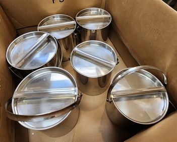 Bx 6 Stainless Steel Covered Buckets 9" H X 7 1/2" Diam.