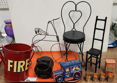 Tray Wire Tricycle 15" H X 17" L, Doll Soda Fountain Chair 18", Fire Bucket 8" H X 7" Diam. Etc.