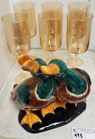 Tray Italian Ceramic Duck Group 10 1/2" H X 9" W X 9" D + Set Of 6 Amber Glasses 9"