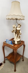 Mahog 2 Tier Stand 27 1/2" H X 17" Sq. w/Figural Plaster Lamp