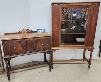 30's Walnut China Cabinet 60 1/2" H X 39" W X 16" D + Server 39" H X 38" W X 18" D