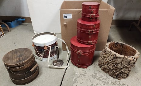 Bx Covered Firkin, Wooden Bark Bowl 8" H X 9 1/2" Diam., Stack 3 Graduated Leather Bx's, C1910 Tin