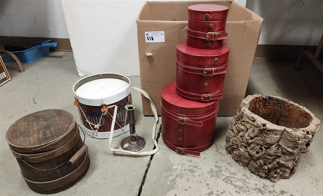 Bx Covered Firkin, Wooden Bark Bowl 8" H X 9 1/2" Diam., Stack 3 Graduated Leather Bx's, C1910 Tin (1 of 2)