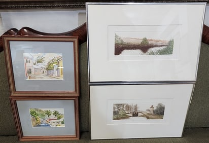 Bx Pr. Etchings Sgnd Gilbert Browne 5 1/4" X 11" w/Frame 12" X 17" + Pr. W/C BY Mary Powell 4 1/4" X