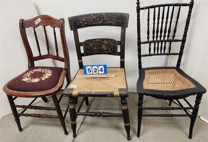 Lot 3 Chairs - Vict. Spindle Back, Hitchcock Stenciled + Vict. Mahog Needlepoint Seat