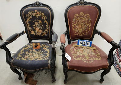 Pr. Vict. Ebonized Frame Needlepoint Seat Armchairs w/Brass Mounts