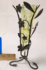 Vaseline Glass Vase In A Wrought Holder 9 1/2"