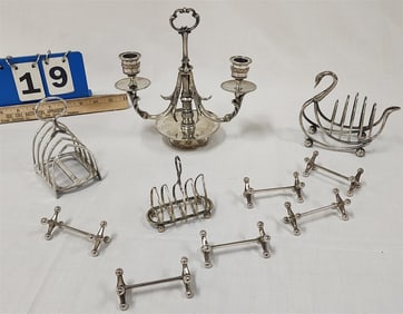 Tray Silverplate - Candleabra 8 1/4" H X 8" W, 3 Toast Racks + 6 Knife Rests