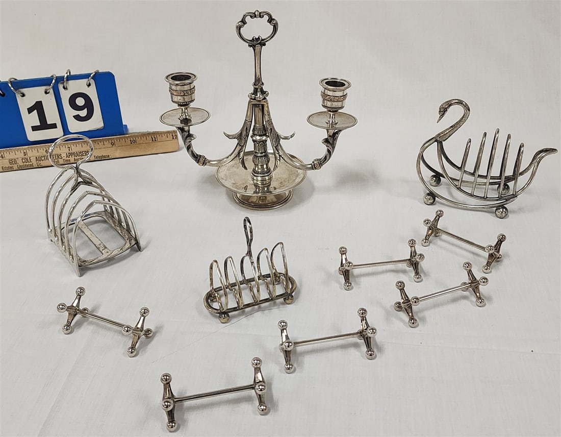 Tray Silverplate - Candleabra 8 1/4" H X 8" W, 3 Toast Racks + 6 Knife Rests (1 of 2)