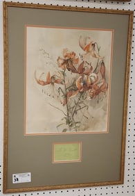 Framed w/c Tiger Lilies Sgnd L.W. Peek 1892 16" H X 13 1/2" W w/Frame 29" X 29 1/2"