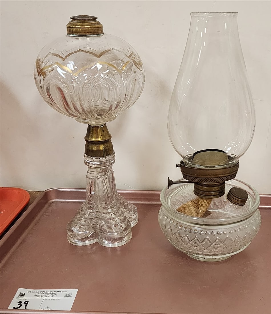 Tray 2 19th C Oil Lamps 12 1/2" + 13": Tray 2 19th C Oil Lamps 12 1/2" + 13"