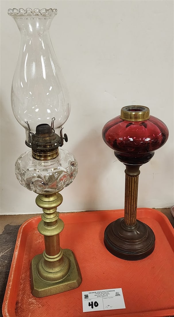 Tray 2 19th C Oil Lamps 17 1/2" + 12": Tray 2 19th C Oil Lamps 17 1/2" + 12"