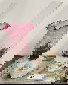 Tray 2 19th C Oil Lamps - Hand Enameled Milk Glass 14" + Porcelain 13"