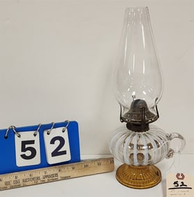 19th C Ribbed Opalescent Oil Lamps w/Amber Glass Base 12"