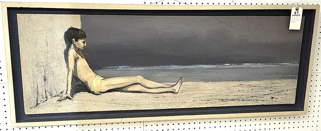 Framed O/B "Resting # 1" Sgnd R. Bliss '55 16" X 48" w/Frame 19 3/4 X 52 1/2" w/Vose Gallery Boston: Framed O/B "Resting # 1" Sgnd R. Bliss '55 16" X 48" w/Frame 19 3/4 X 52 1/2" w/Vose Gallery Boston Label On Back