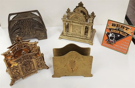 Tray 4 Vintage Brass Letter Headers - 1 Bradley + Hubbard 5 1/2" H X 5" W X 2 1/2" D, 5 1/2" H x 5