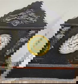 Vict. Polished Slate And Marble Clock 20 1/2" H X 20" W X 5 1/4" D