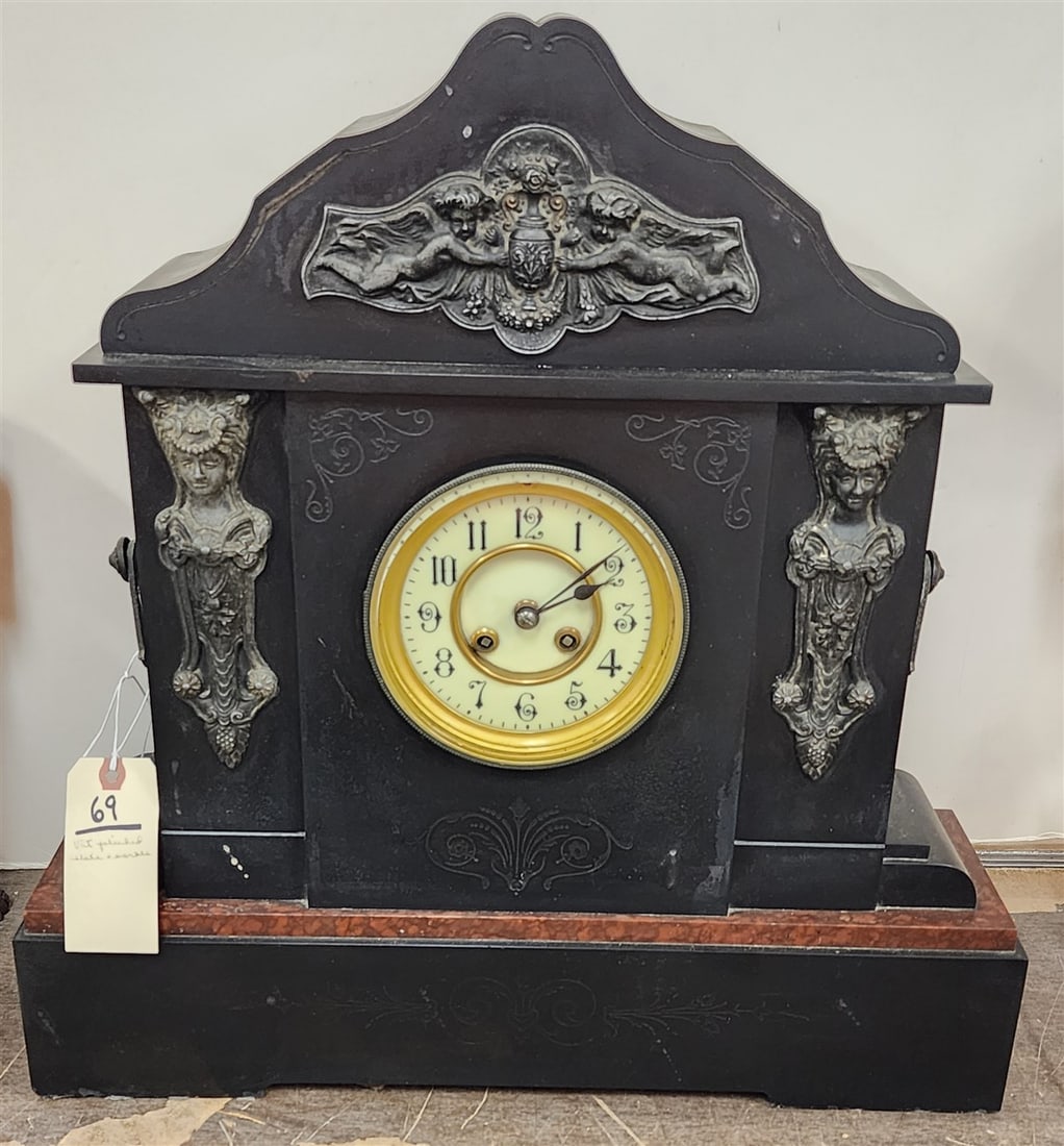 Vict. Polished Slate And Marble Clock 20 1/2" H X 20" W X 5 1/4" D: Vict. Polished Slate And Marble Clock 20 1/2" H X 20" W X 5 1/4" D