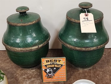 Pr. Glazed Raku Pottery Covered Jars w/Metal Trim 11 1/2" H X 8 1/2" Diam.