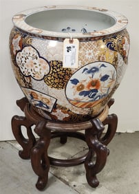 Chinese Porcelain Jardenier 14" H X 16 1/2" Diam. w/Wooden Base 12" H X 17" Diam.