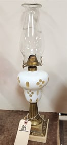 19th C Oil Lamp Bronze + Marble Base w/White Cut To Clear Font 19"