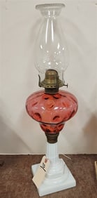 19th C Oil Lamp Milk Glass Base w/Cranberry Thousand Eye Font 22"