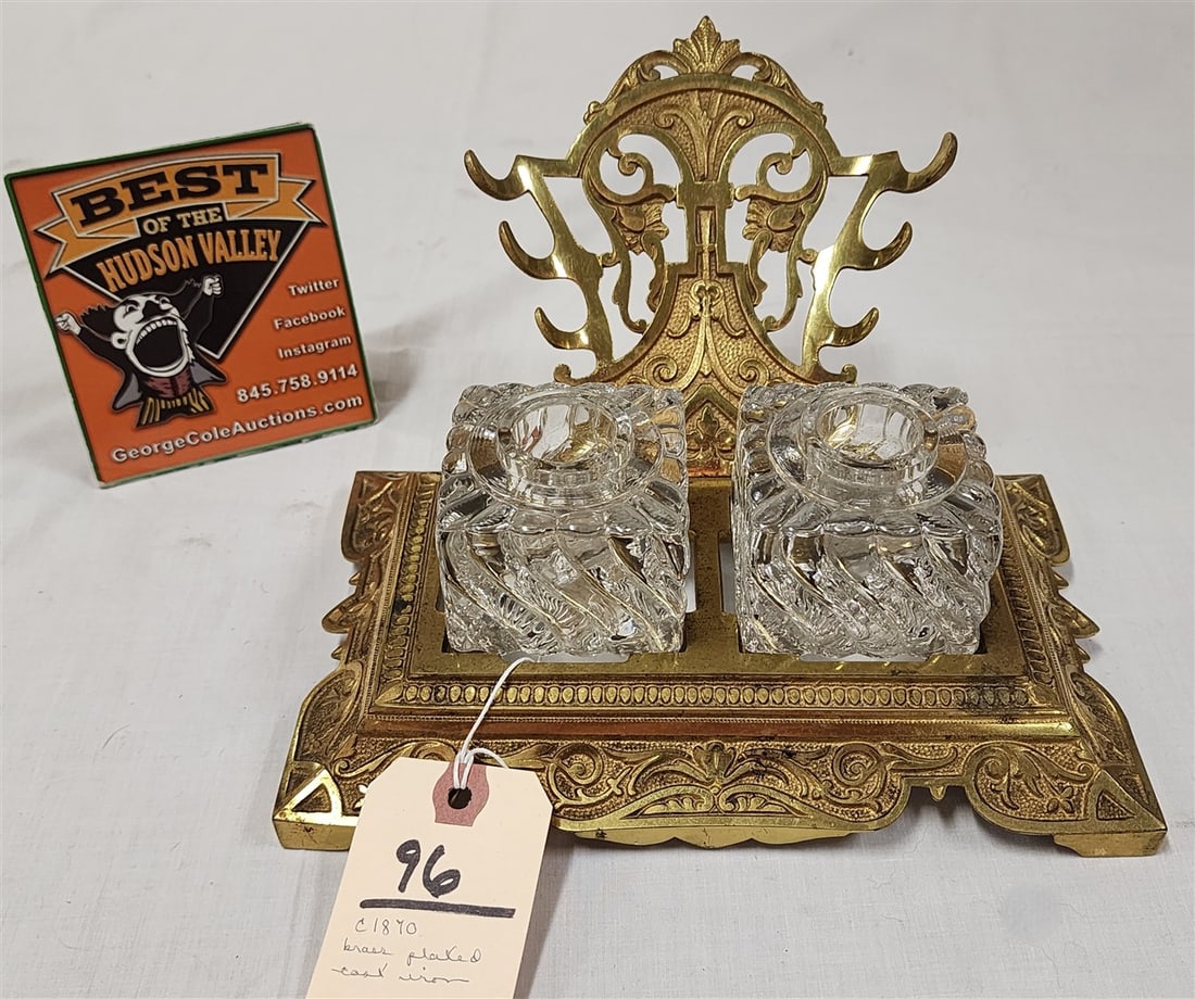 19th C Brass Plated Cast Iron Ink Stand 5" H X 9" W X 9" D (1 of 4)