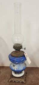 Vict. Oil Lamp Enameled Milk Glass + Bronze Base w/Bronze Mounted Font - Not Drilled 24"