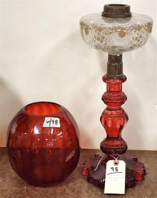 Vict. Cut Cranberry Base Oil Lamp w/Etched Gilt Font 17" w/Cranberry Globe Shade - 7 1/2" H X 7"