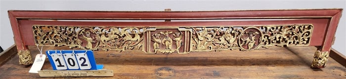 Chinese Carved Wood Ptd. + Gilt Valance 8 3/4" H X 32" W X 10 1/2" D
