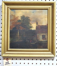 Framed 19th C O/Panel Landscape Sgnd Rohme On Back 10 1/4" X 10" w/Frame 13 1/2" X 13"