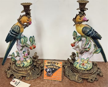 Pr. Porcelain Parrot Candlesticks w/Bronze Base + Mounts 15"