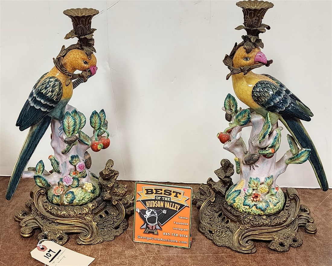 Pr. Porcelain Parrot Candlesticks w/Bronze Base + Mounts 15" (1 of 5)