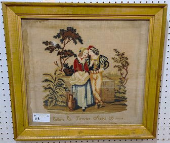 Framed 19th C Needlework Sgnd Ellen E. Fowler Aged 10 18" X 19 3/4" w/Frame 22 1/2" X 24 1/2"